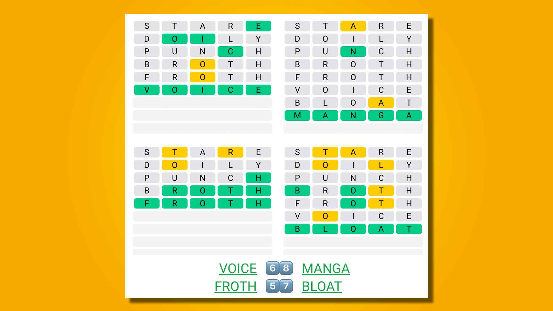 Quordle, sarı arka planda 534 numaralı oyuna yanıt veriyor