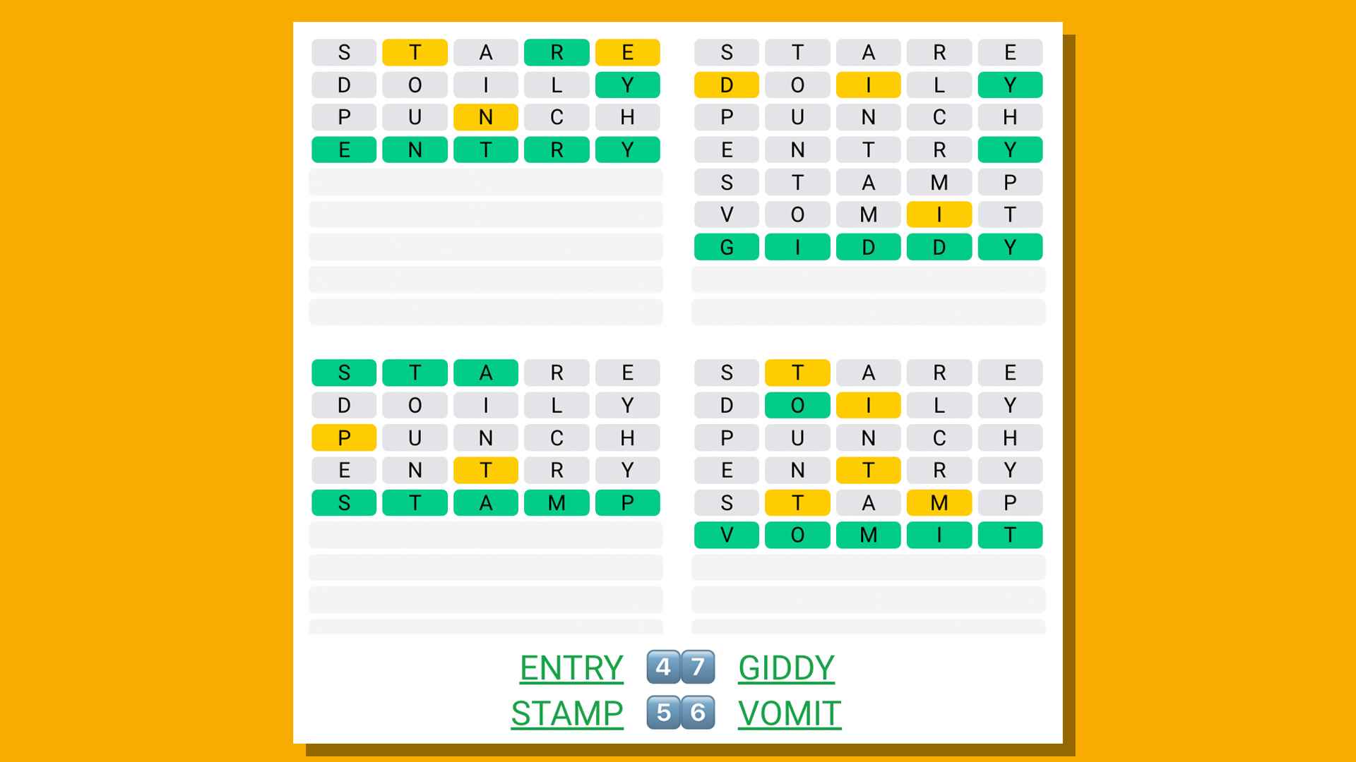 Quordle, sarı bir arka plan üzerinde 545 numaralı oyun için cevaplar