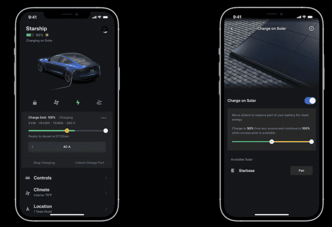 Tesla'nın uygulamasının ekran görüntüleri, güneş kaydırıcılarındaki şarjı gösteriyor.