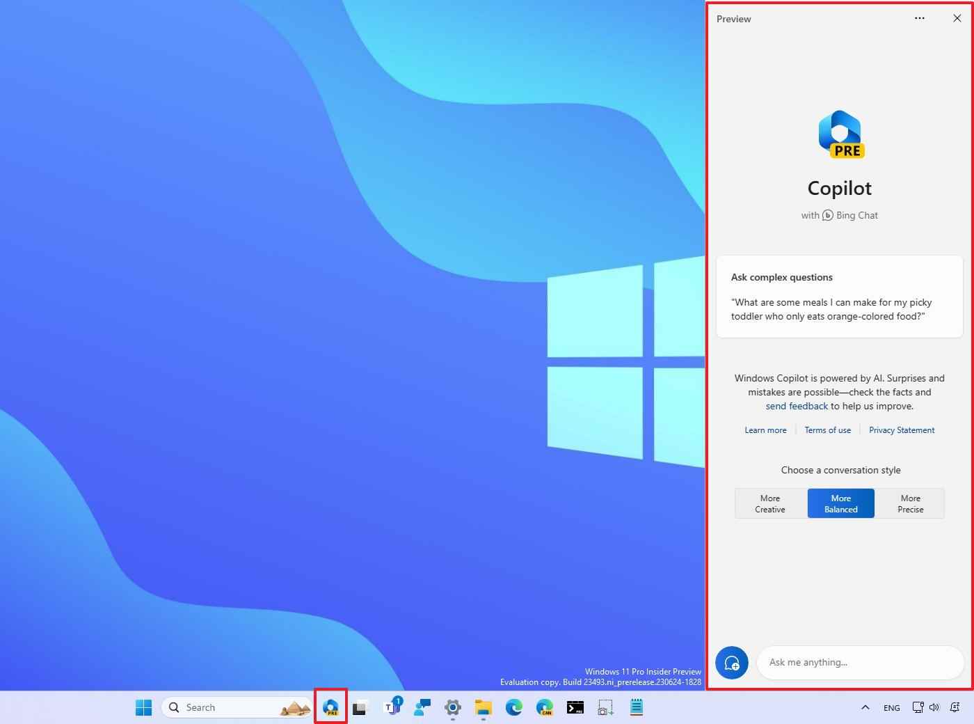Windows 11 Copilot erken kullanıcı arayüzü