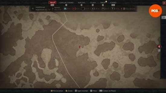 Diablo 4 kabus zindanları, haritada kırmızı bir zindan simgesiyle işaretlenmiştir