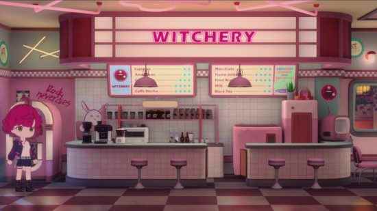 Lokanta tarzı dekora ve içinde duran küçük kızıl saçlı çizgi film kızına sahip Witchery adında sevimli pembe bir kahve dükkanı