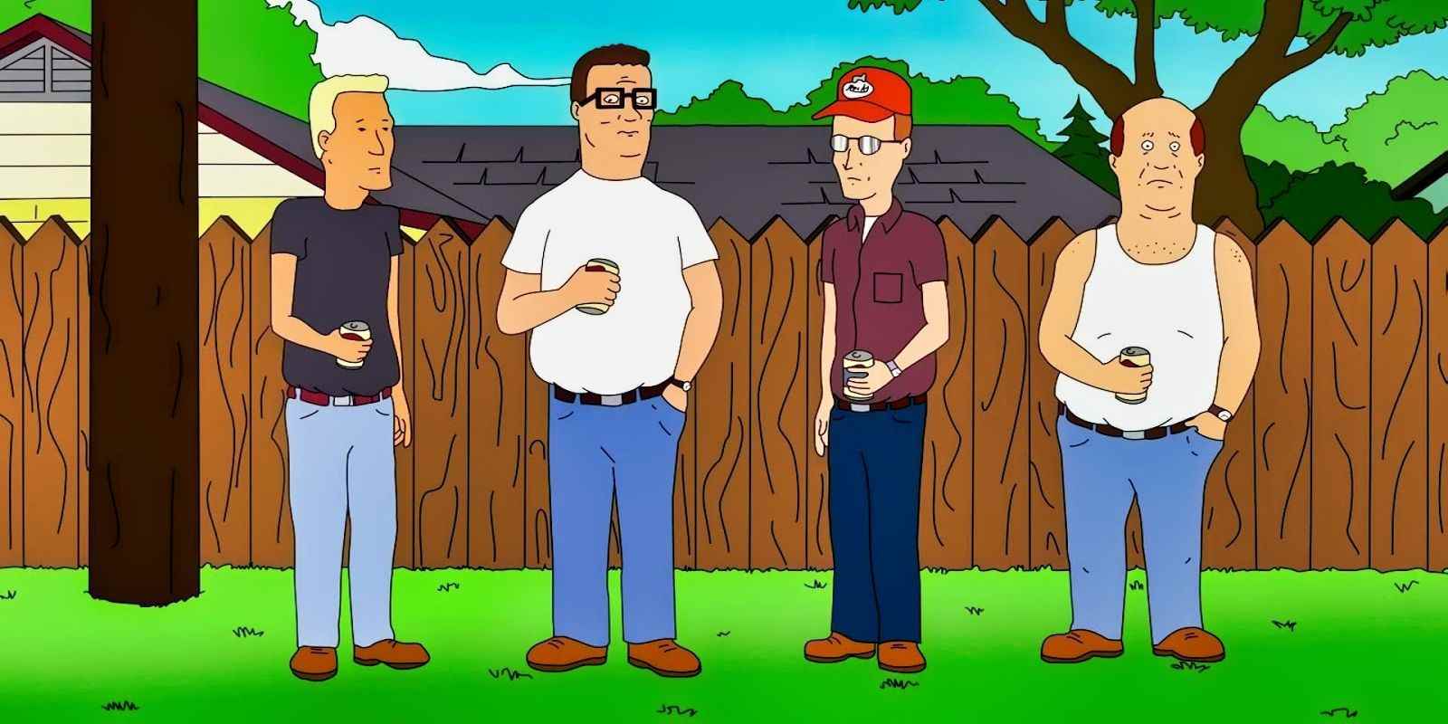 King of the Hill'de Hank ve arkadaşları çitin yanında duruyor