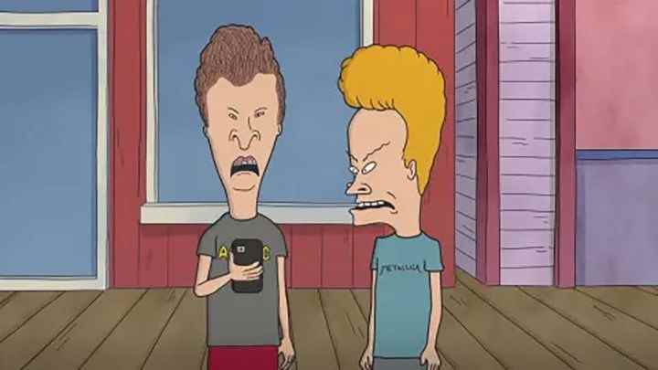 Beavis ve Butt-Head, Beavis ve Butt-Head'den bir sahnede telefona bakıyor.