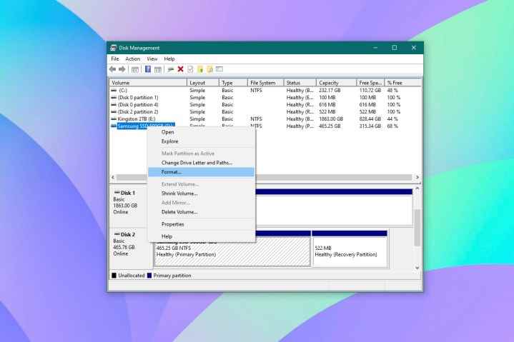 Windows 10'da SSD'yi biçimlendirmek için Disk Yönetimi yardımcı programının ekran görüntüsü.