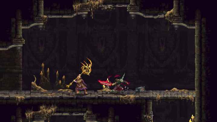 Blasphemous 2'de bir iskelet bir şamdan tutar.