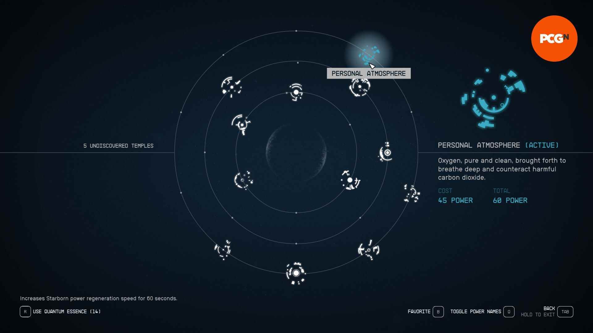 Starfield güçlerinden biri olan Kişisel Atmosfer, açıklaması ve maliyetiyle birlikte oyun içinde görünmektedir.