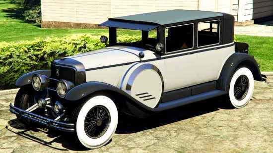 GTA Online haftalık güncellemesi - Al Capone'un Cadillac Sedan'ına dayanan iki tonlu siyah beyaz bir araba olan Albany Roosevelt Valor.