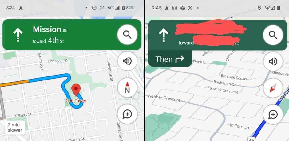 Solda mevcut Google Haritalar, sağda yeni.  Resim kredisi-9to5Google - Google Haritalar, Apple Haritalar'ı kopyalayan bazı renklerin kullanımını test ediyor