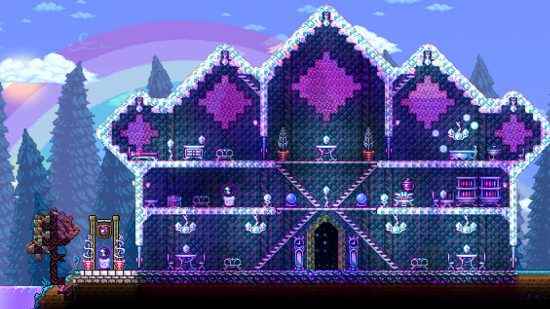 Terraria 1.4.5 güncellemesi ve Oyunun Durumu Ağustos 2023 - Yeni Aetherium Mobilyaları kullanılarak Shimmer gölünün yanında inşa edilmiş bir ev.