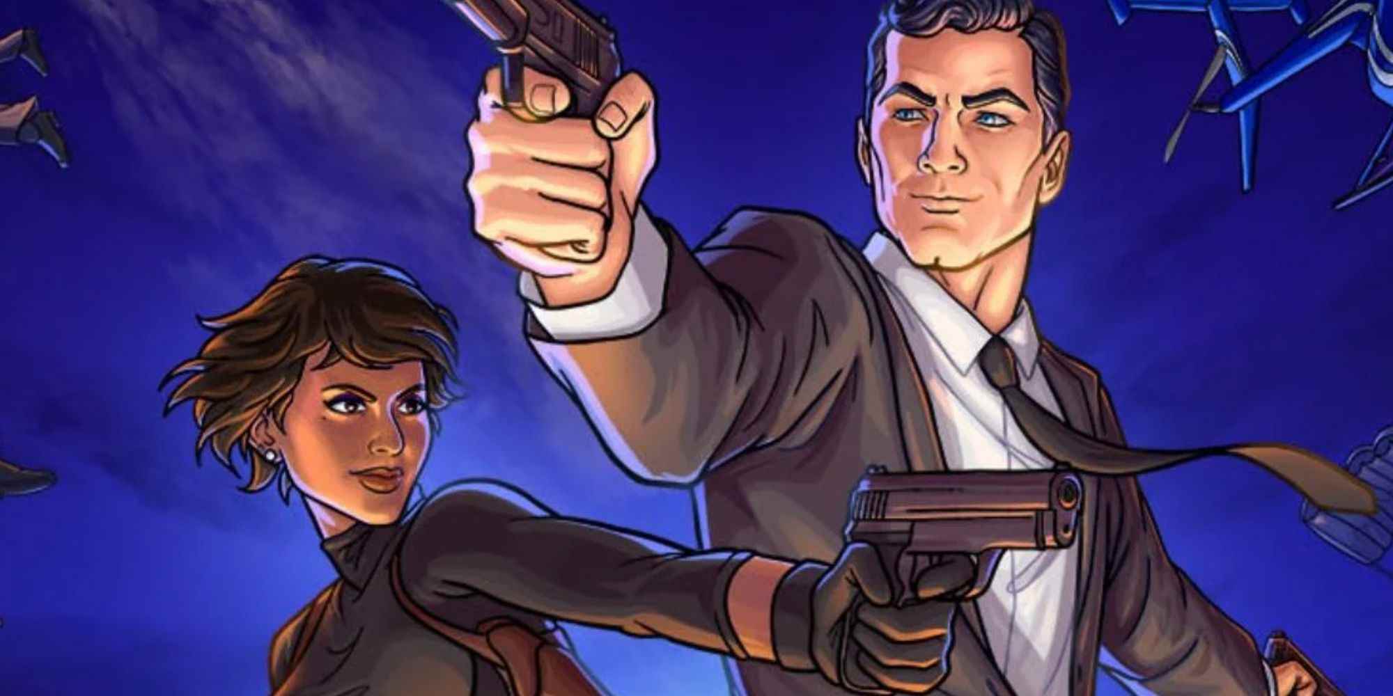 Archer'ın 14. sezonunda Zahra ve Archer silahlarını tutuyor