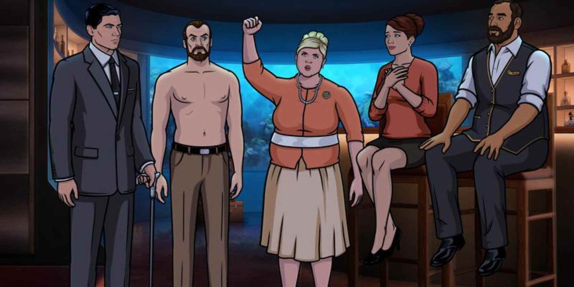 Archer Sezon 12 Bölüm 2'de Archer rolünde H Jon Benjamin, Krieger rolünde Lucky Yates, Pam rolünde Amber Nash ve Cheryl rolünde Judy Greer