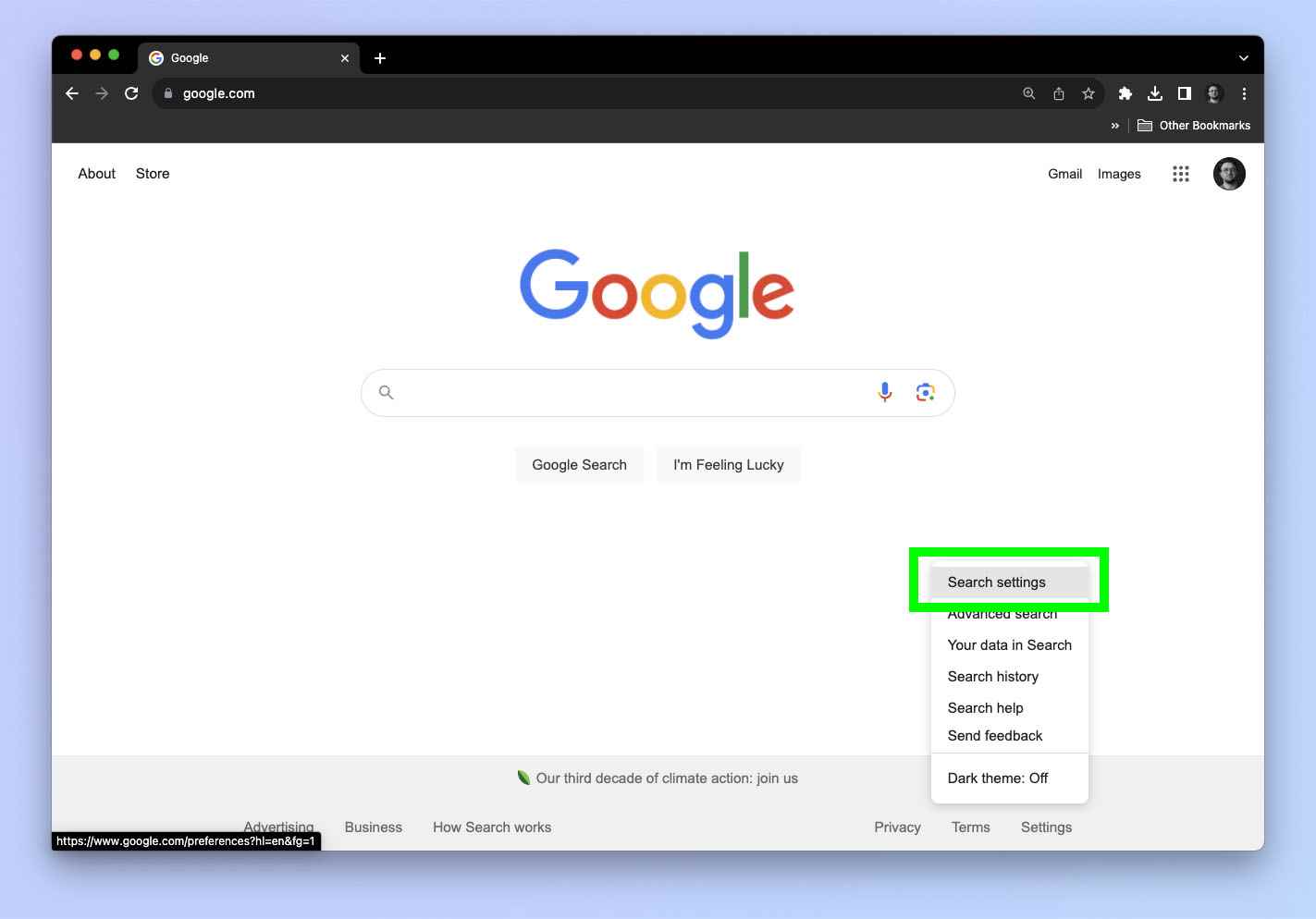 Google Arama'da arama bölgesinin nasıl değiştirileceğini gösteren ekran görüntüsü