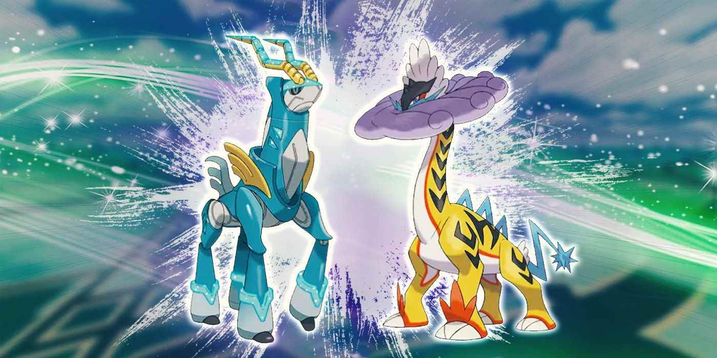 Solda Pokémon Scarlet ve Violet's Iron Crown ve sağda Raging Bolt'un yer aldığı bir düzenleme.