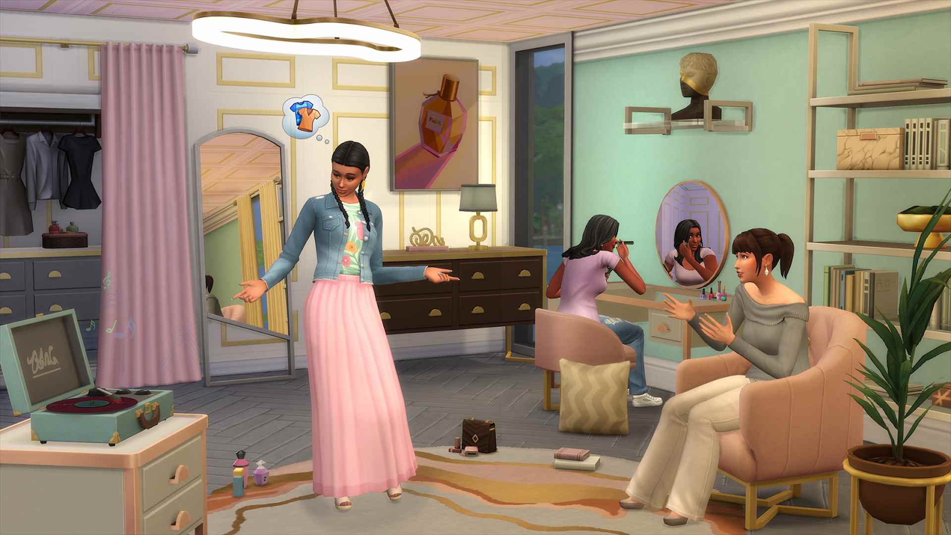 Sims 4 Modern Luxe Kit'te Sims'in bir butikte kıyafet denediğini ve makyaj yaptığını gösteren ekran görüntüsü