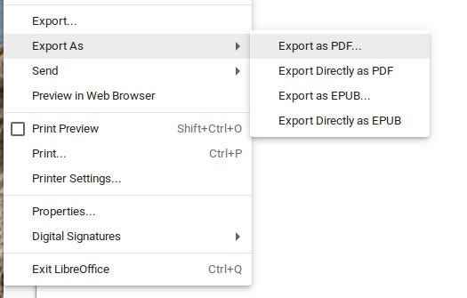 LibreOffice Farklı Dışa Aktarma alt menüsü.