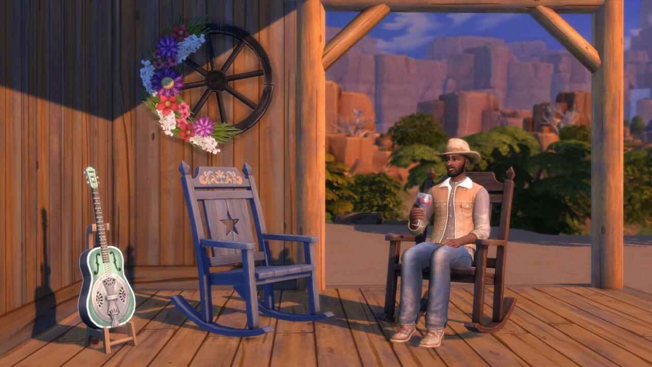 The Sims 4 Horse Ranch'te bir kovboy gitarının yanında şarabını yudumluyor.