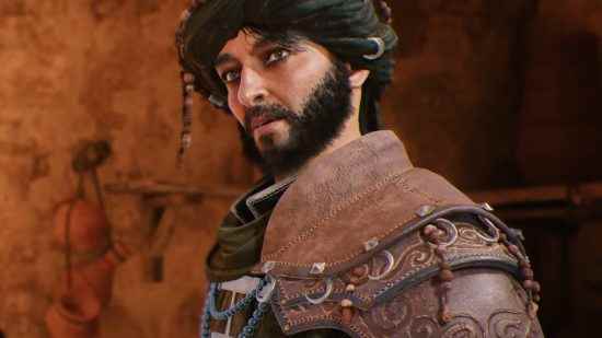  Assassin's Creed'in seslendirme oyuncuları listesinde Aladeen Tawfeek tarafından seslendirilen tarihi isyancı lider Ali İbn Muhammed, Basim'le gizli bir şekilde konuşuyor.
