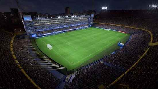 EA Sports FC 24: taraftarlarla dolu bir futbol stadyumunun üstten görünümü.