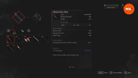 Lies of P'den birbirine birleştirilebilen farklı silah parçalarını gösteren oyun içi menü ekranı
