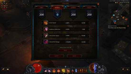 Diablo 3 Sezon 29 - Dört kategorinin her biri için 200 mevcut puanın bulunduğu Paragon Puanları ekranı.