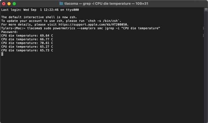 Başarılı bir komuttan sonra terminal CPU sıcaklığını izliyor.