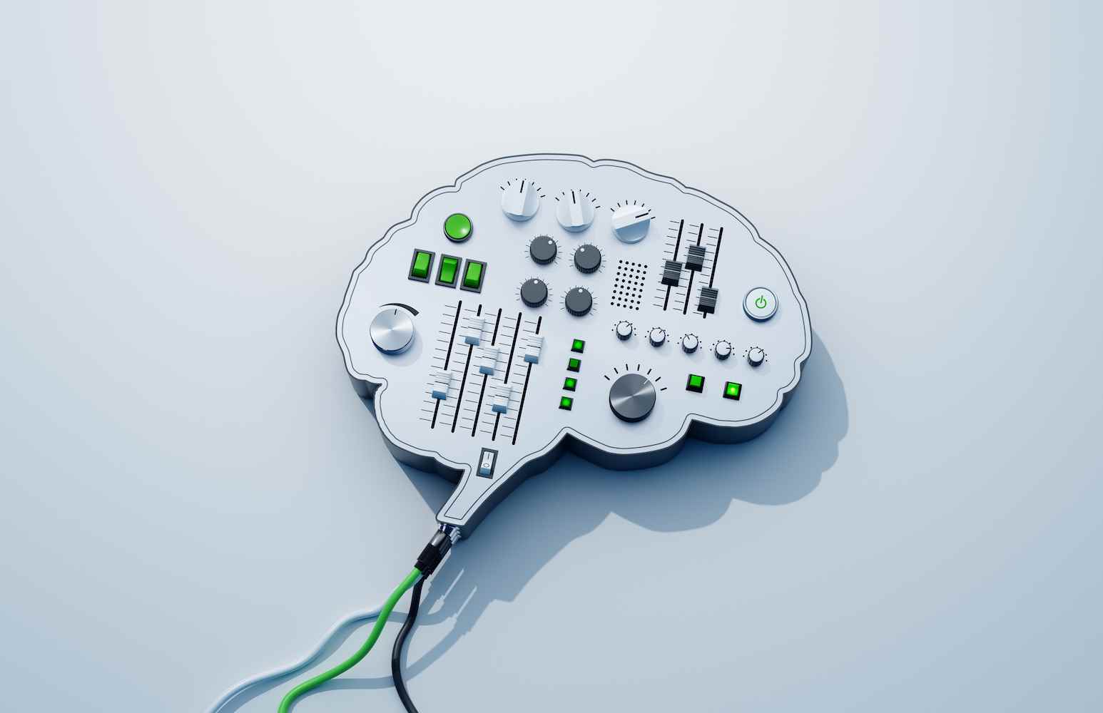düğmeleri ve düğmeleri olan beyin şeklindeki bir konsolun dijital olarak oluşturulmuş görüntüsü