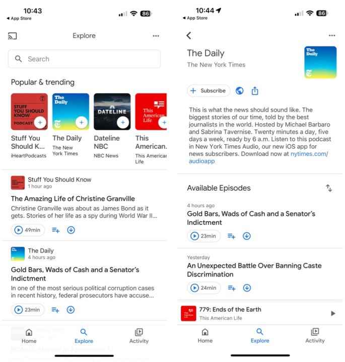 iOS'ta Google Podcasts uygulamasını gösteren iki ekran görüntüsü.