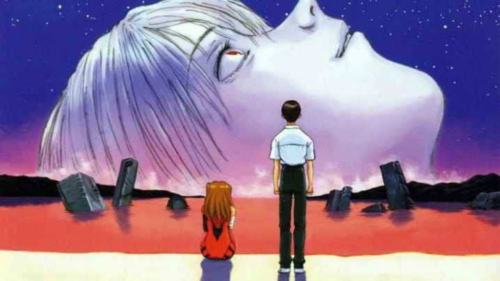 Asuka ve Shinji'nin önsezili yükselen bir yüze baktığı Evangelion'un Sonu anahtar sanatı.