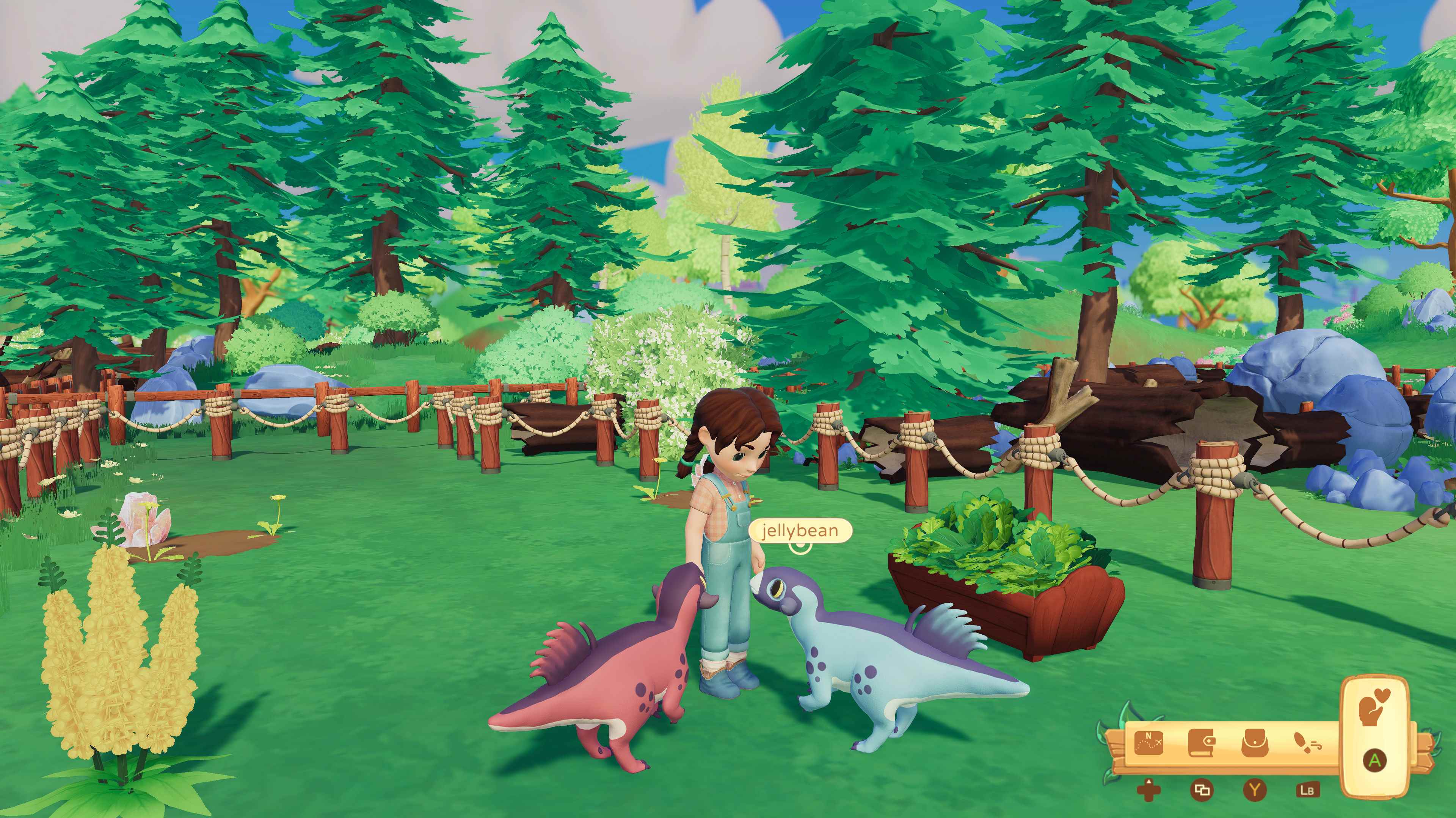 Paleo Pines ekran görüntüsü: Örgülü, biri Jellybean olan iki psittacosaurus ile etkileşime giren oyuncu yapımı bir karakter.