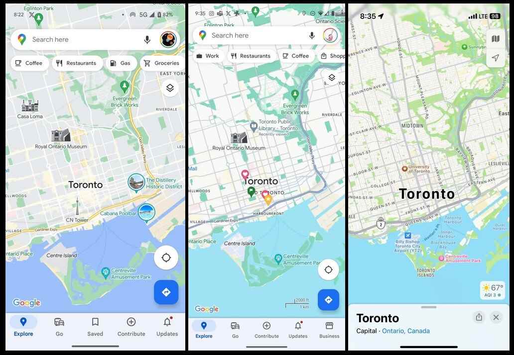 Soldan Sağa mevcut Google Haritalar, yeni Google Haritalar, Apple Haritalar.  Resim kredisi-9to5Google - Google Haritalar, Apple Haritalar'ı kopyalayan bazı renklerin kullanımını test ediyor