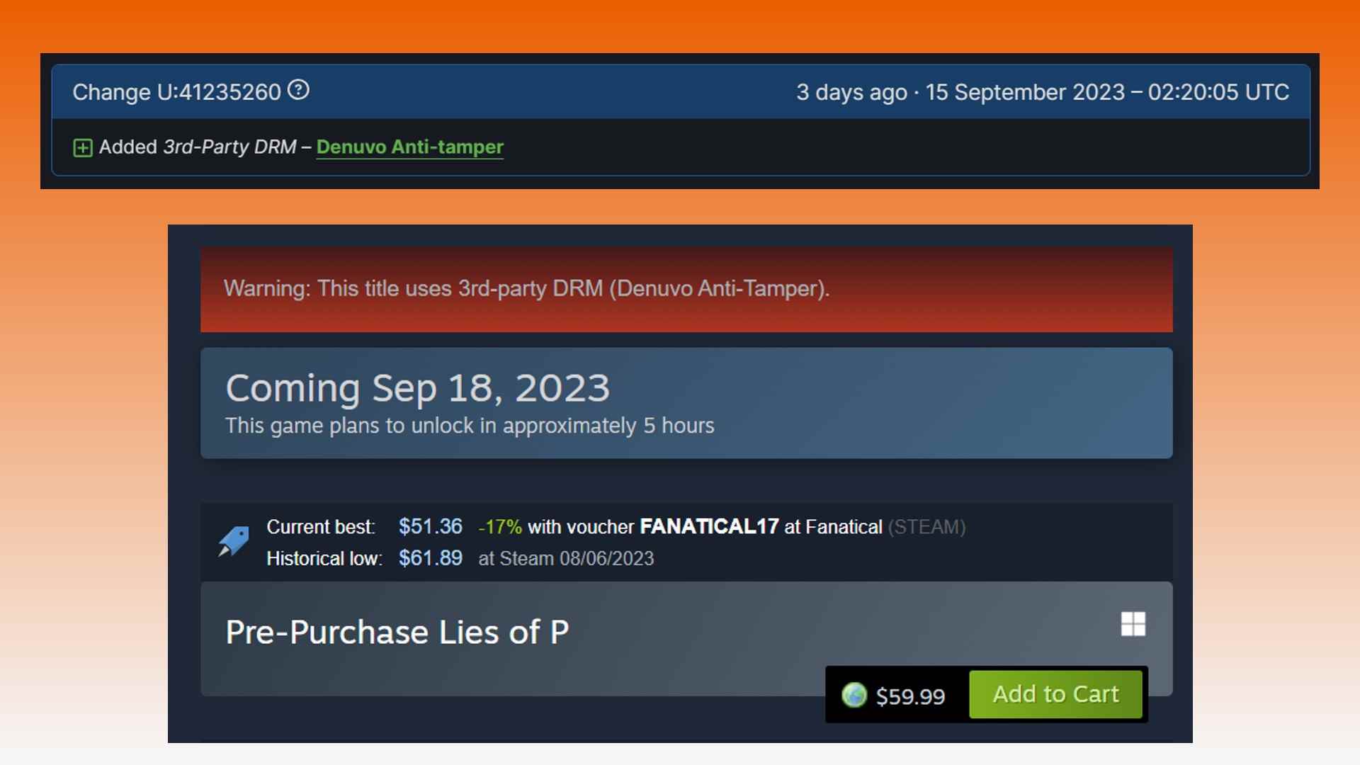 Lies of P Denuvo: Denuvo'nun Lies of P Steam sayfasına nasıl eklendiğini gösteren iki resim