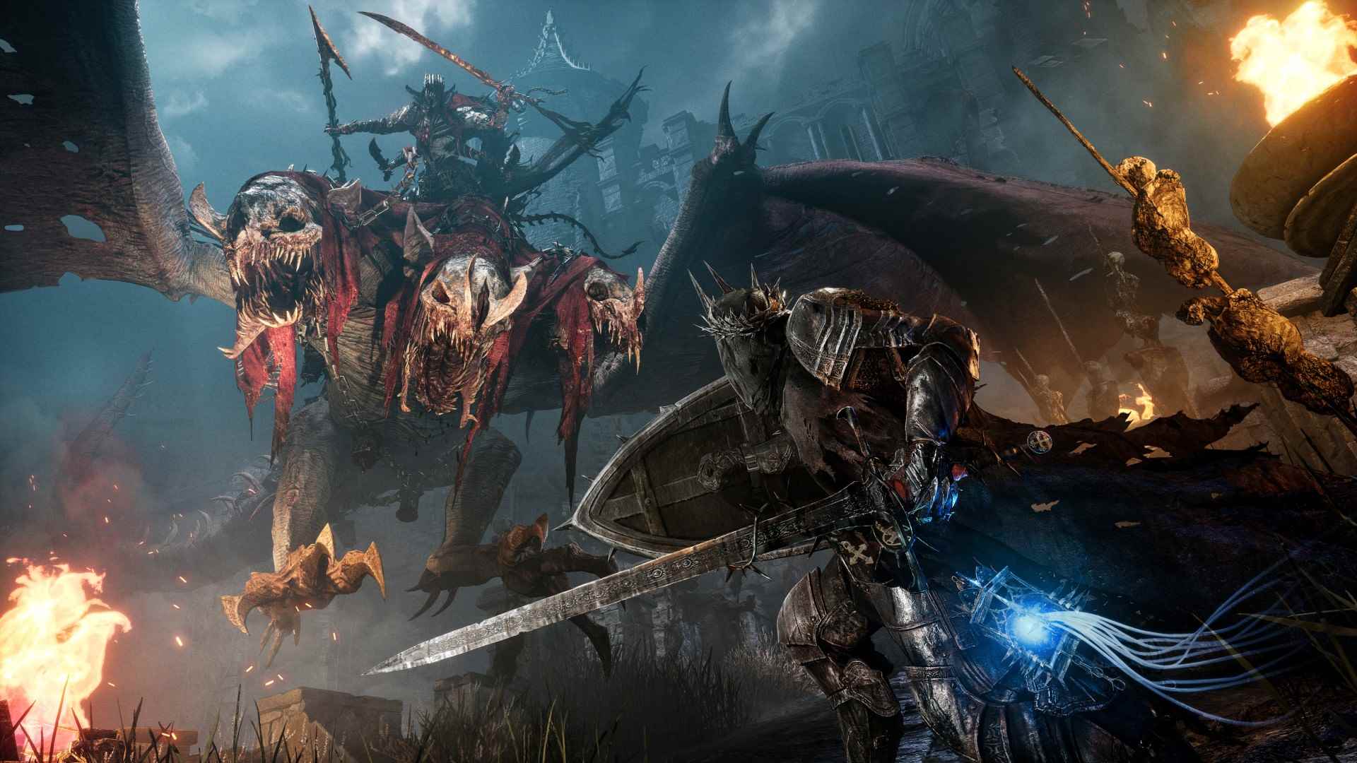 Lords of the Fallen Soulslike: Souls benzeri RPG oyununda Lords of the Fallen'da kılıçlı bir fantastik savaşçı, korkunç bir canavarla savaşıyor