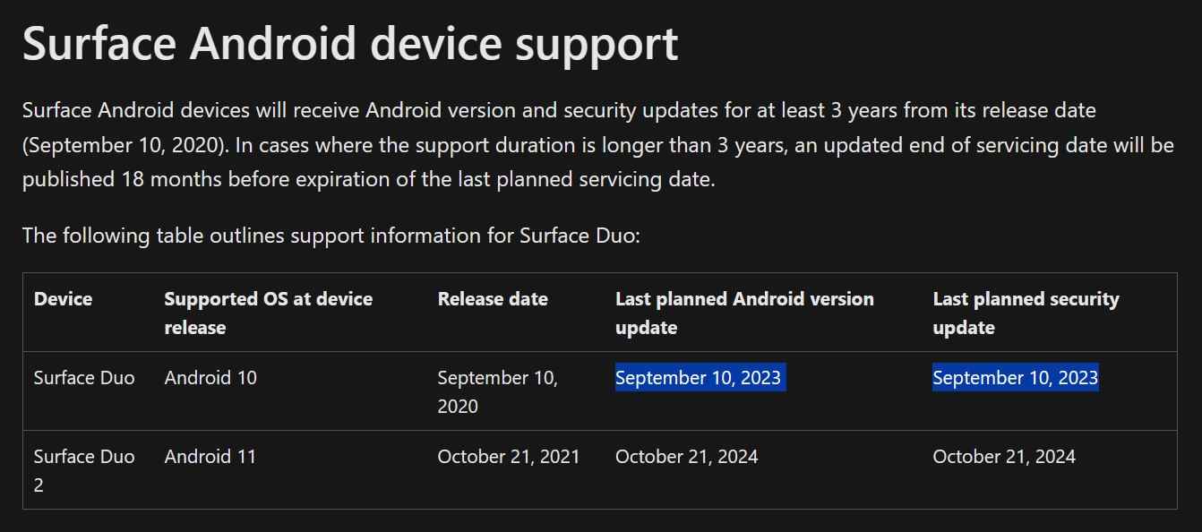 Surface Duo yaşam döngüsü destek sayfası