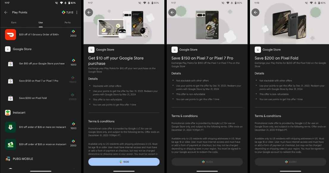 Bu yıl için Google Play Puanlarınızı kullanmak için kullanabileceğiniz seçeneklerden bazıları - Pixel Fold, Pixel 7 veya Pixel 7 Pro'da tasarruf etmek için Google Play Puanlarınızı kullanın