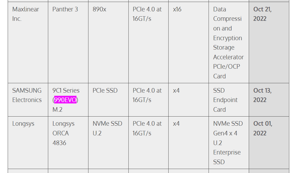 PCI SIG Veritabanında 990 Evo Görünümü