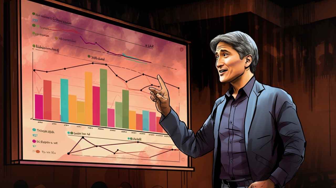 Guy Kawasaki'yi üzerinde büyük bir çubuk grafik bulunan bir ekranın önünde kürsüde gösteren renkli bir illüstrasyon.