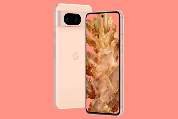 Google Pixel 8 pembe bir arka planda işleniyor.