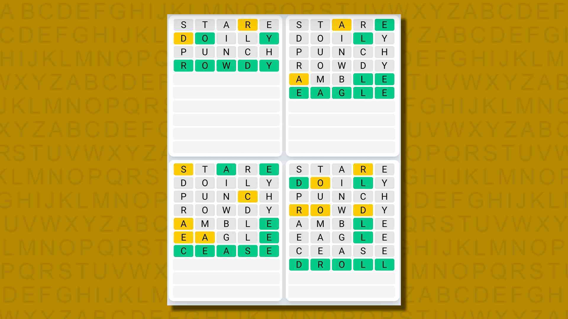 Sarı arka planda 619 numaralı oyunun Quordle günlük dizisi yanıtları