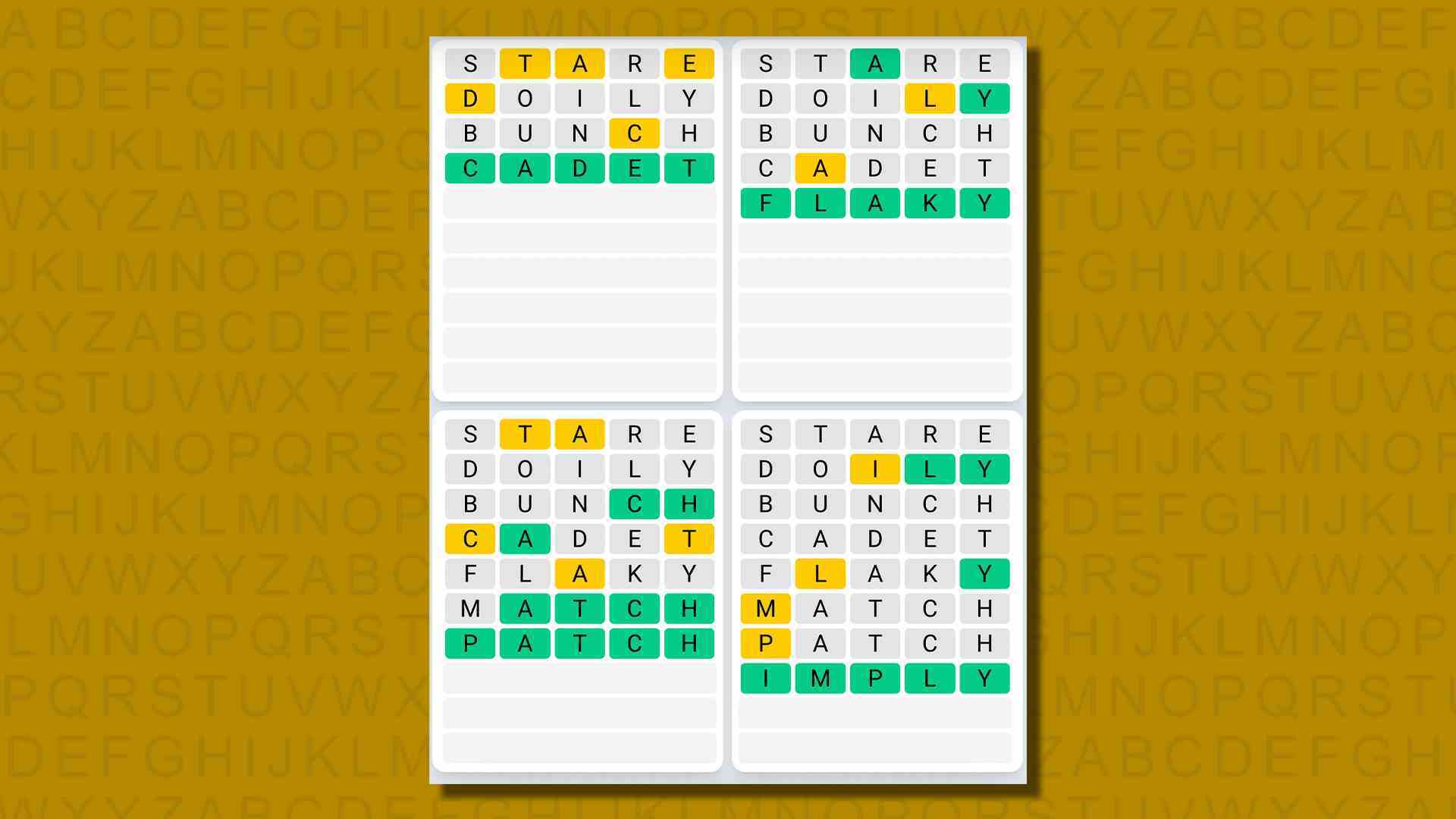 Sarı arka planda 620. oyunun Quordle günlük dizi cevapları