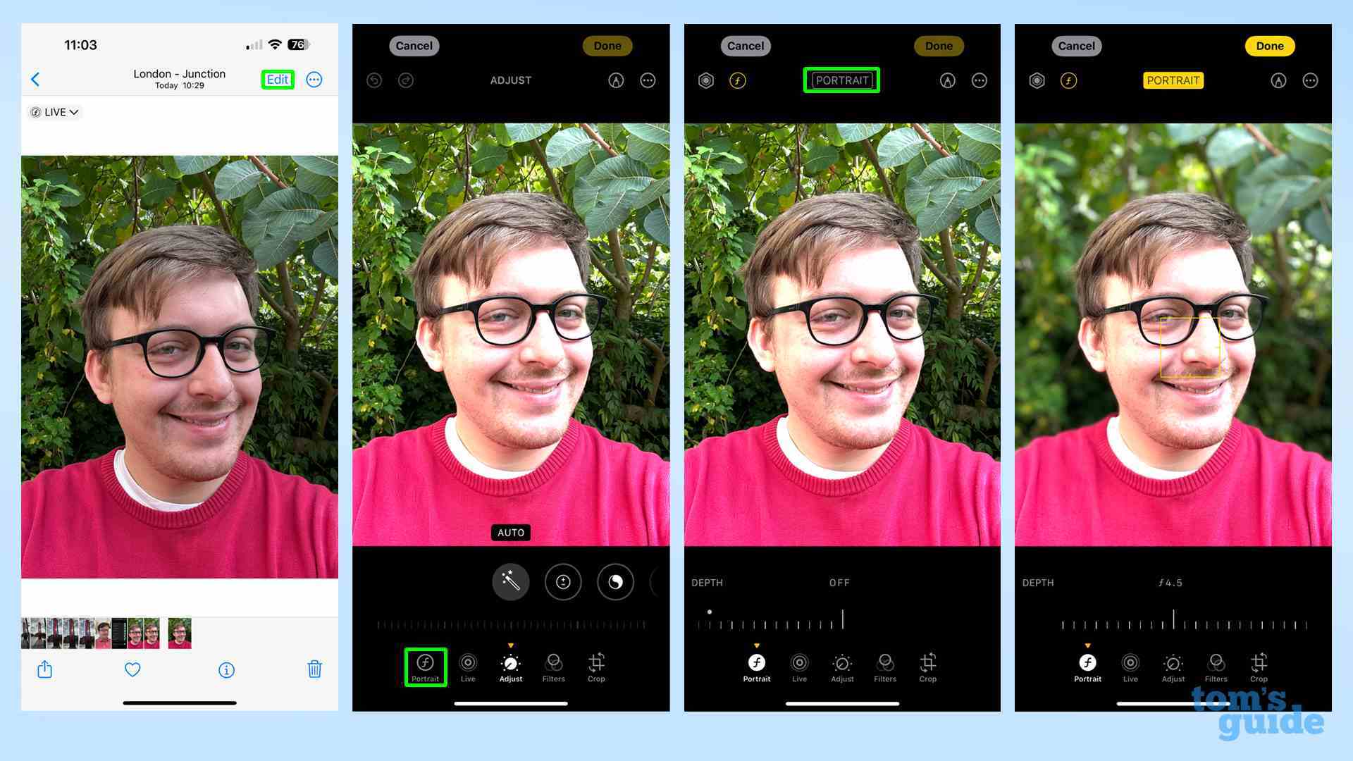 iPhone 15'te Düzen menüsünden portre efektinin nasıl uygulanacağını gösteren ekran görüntüleri