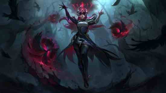 Dalgalı pembe saçlı cadı bir kadın karanlık bir ormanda süzülüyor ve sisli kırmızı enerji topları yaratıyor