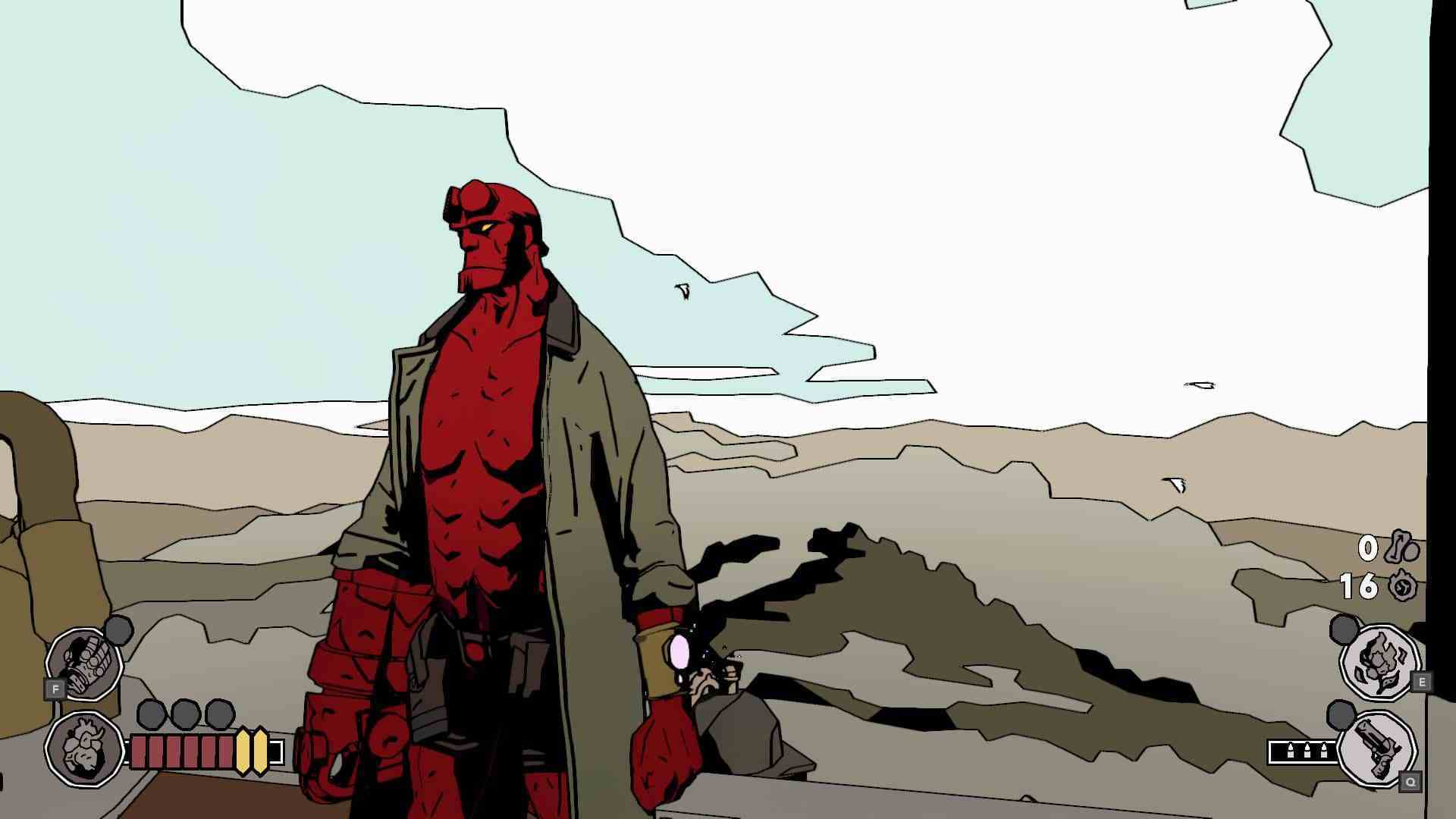 Hellboy Web of Wyrd incelemesi: Hellboy, sırtı bulutlu bir ufka bakacak şekilde bir köprünün üzerinde duruyor.