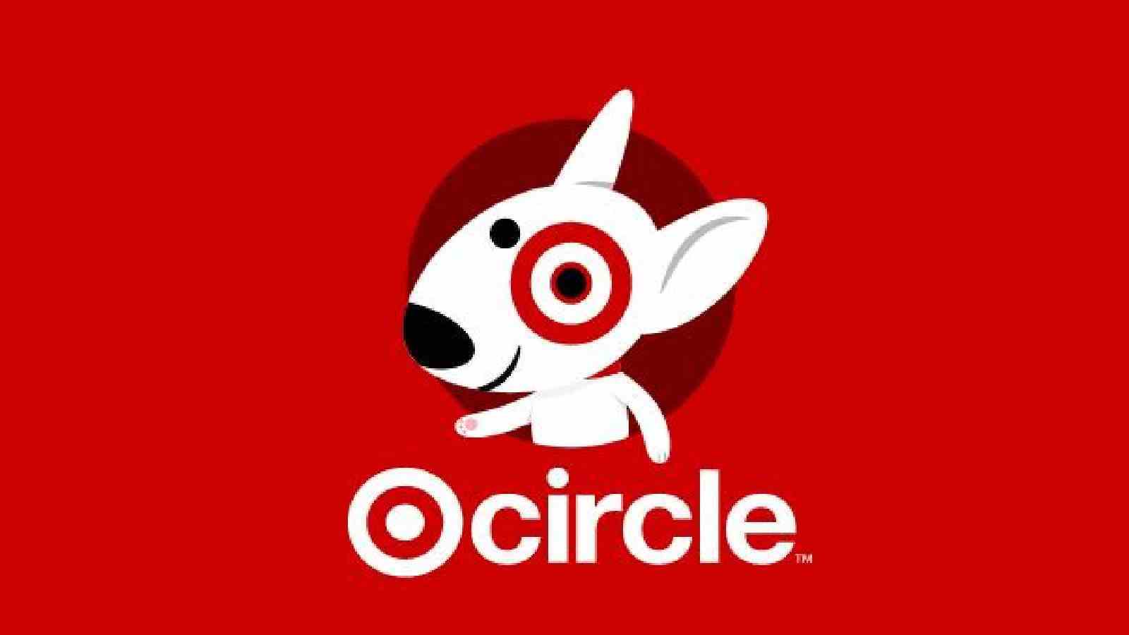 Target Circle logosu - gözlerinden birinin etrafında kırmızı bir halka bulunan beyaz bir köpeğin karikatür resmi.  Arka plan kırmızı