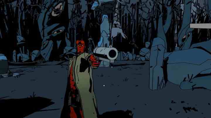 Hellboy: Web of Wyrd'de Hellboy kameraya silah doğrultuyor.