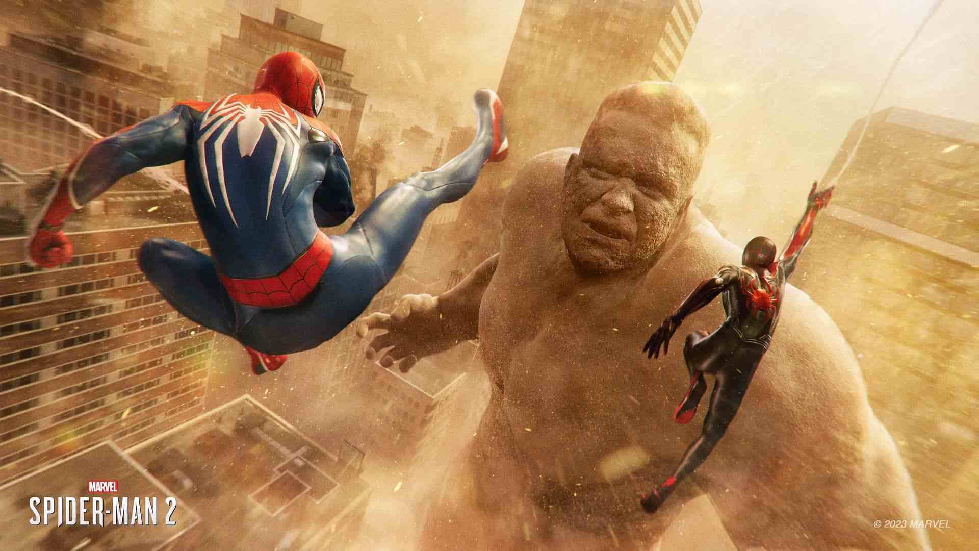 Peter Parker'ın Örümcek Adamı ve Miles Morales'in Örümcek Adamı, Kum Adam Flint Marko ile dövüşüyor.