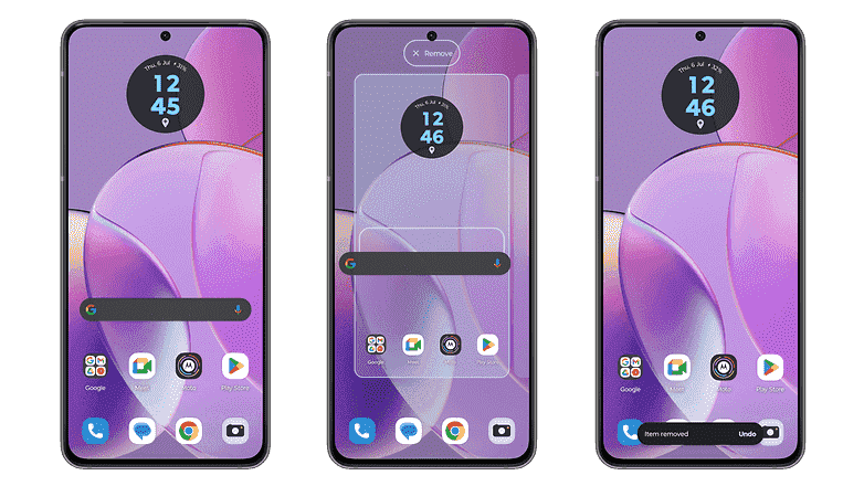 Ekran görüntüleri MotoUX'ta Google arama çubuğunun nasıl kaldırılacağını gösteriyor