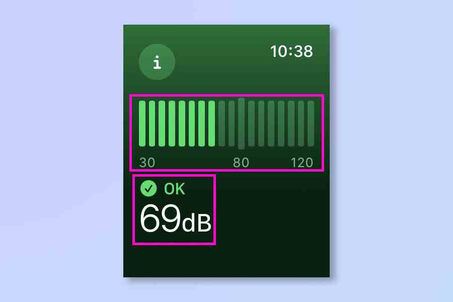 Yerleşik desibel ölçere nasıl erişileceğini gösteren Apple Watch'un ekran görüntüsü