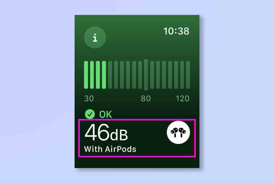Yerleşik desibel ölçere nasıl erişileceğini gösteren Apple Watch'un ekran görüntüsü