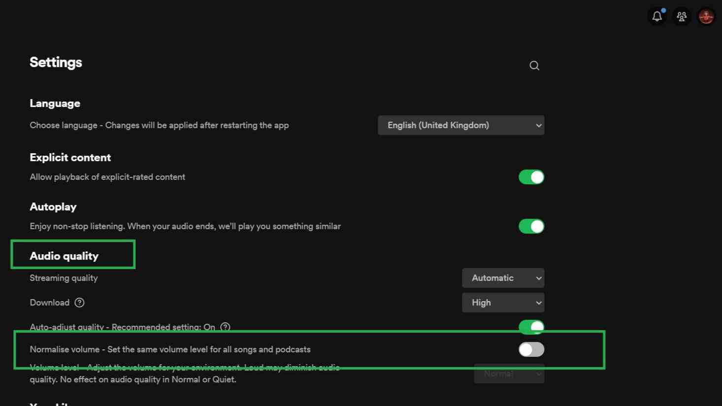 Windows 11'de Spotify'daki ayarlar